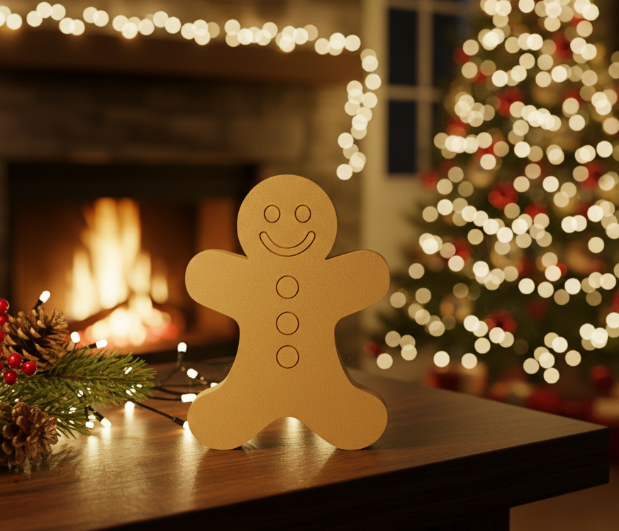 DIY MDF gingerbread man cutout with engraved face and buttons for painting standing on table 