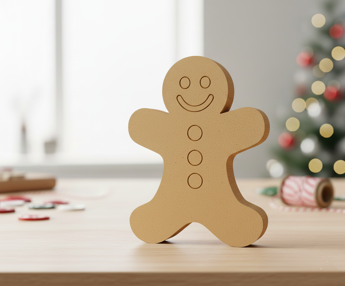 DIY MDF gingerbread man cutout with engraved face and buttons for painting standing on table 