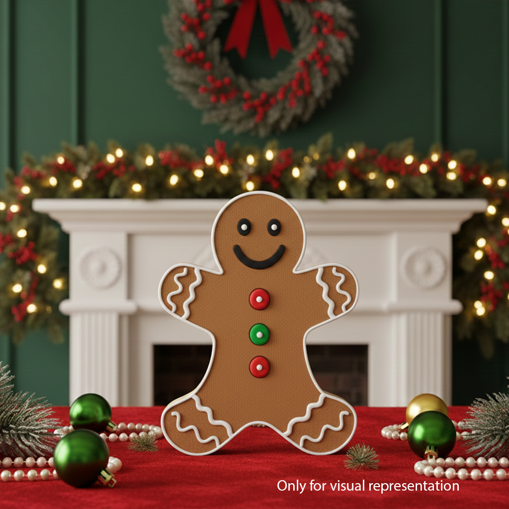 DIY MDF gingerbread man coloured cutout with engraved face and buttons for painting standing on table (visual representation)