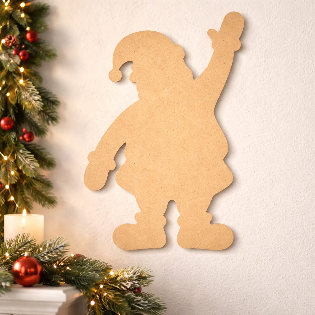 DIY MDF Santa silhouette cutout for painting and Christmas craft decor mounted on wall.