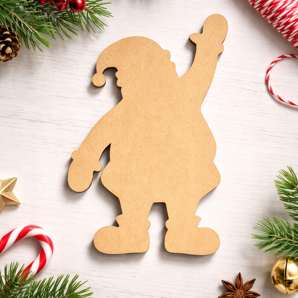 DIY MDF Santa silhouette cutout for painting and Christmas craft decor show on table.
