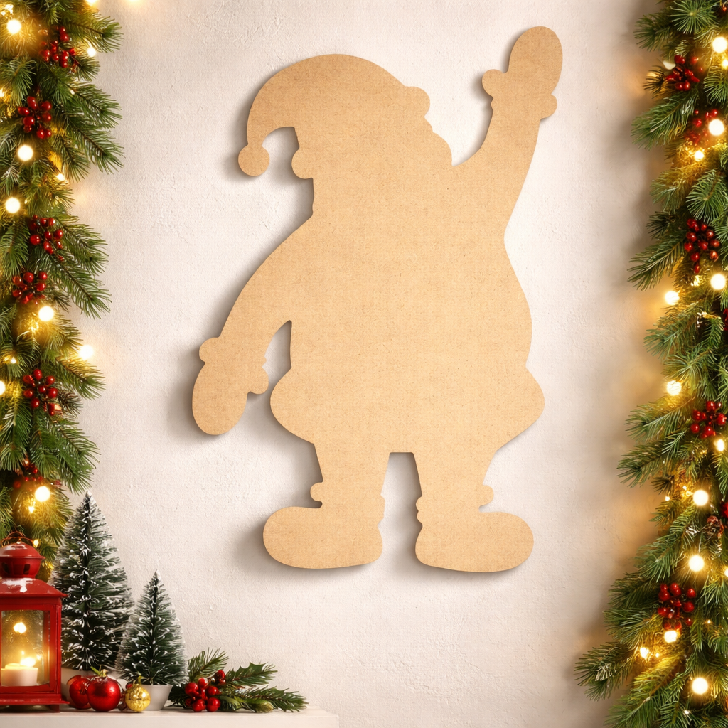 DIY MDF Santa silhouette cutout for painting and Christmas craft decor mounted on wall.