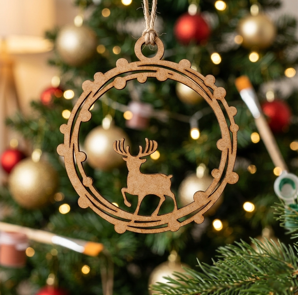 MDF DIY reindeer ornament hanging on a Christmas tree with lights and decorations.