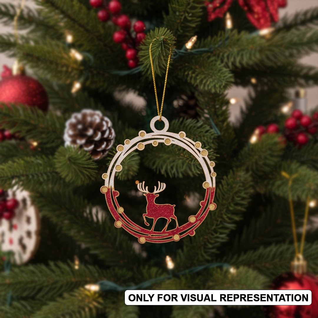 DIY MDF coloured reindeer wreath round ornament frame for Christmas tree decor (visual representation).