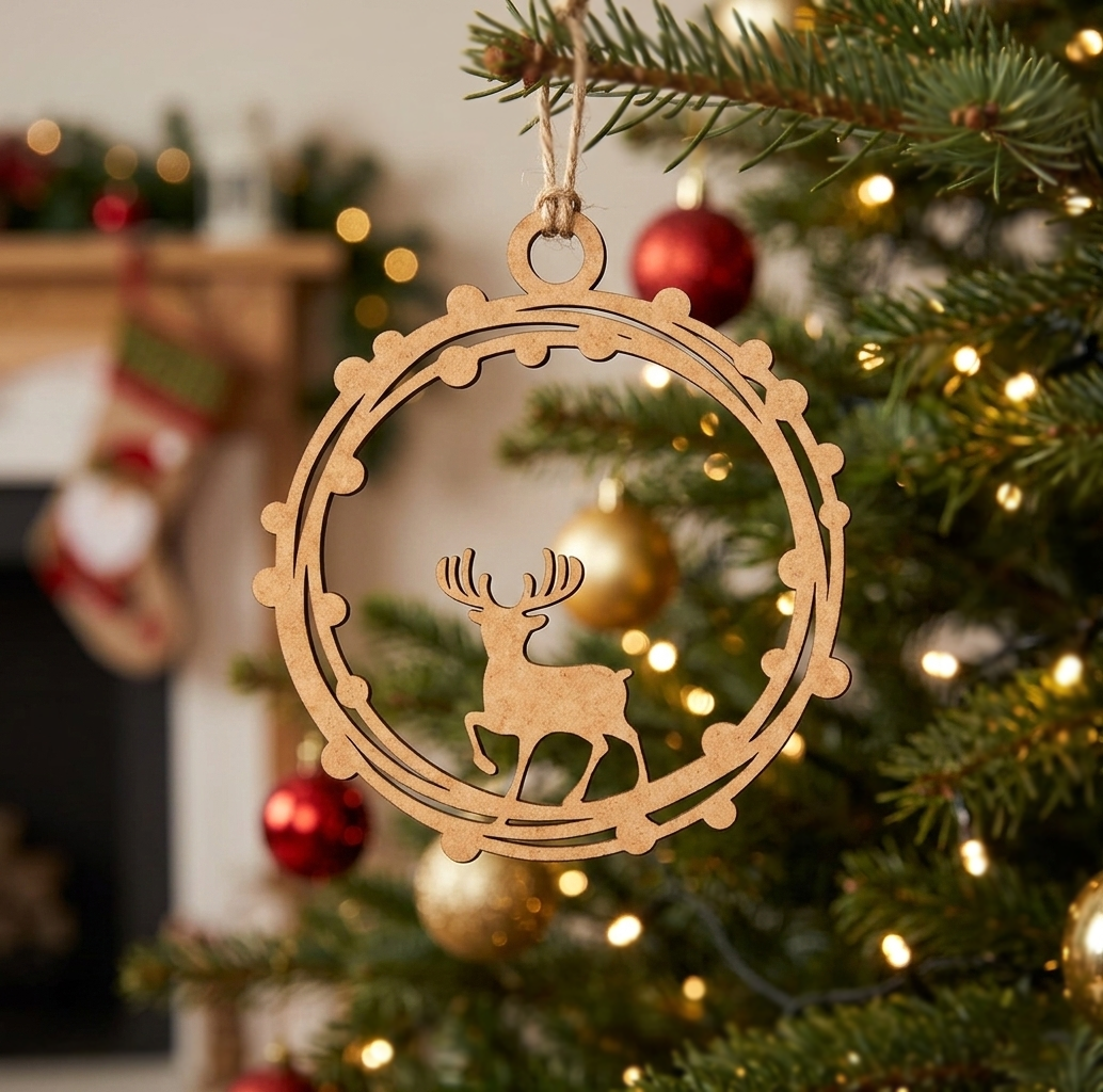 MDF DIY reindeer ornament hanging on a Christmas tree with festive background