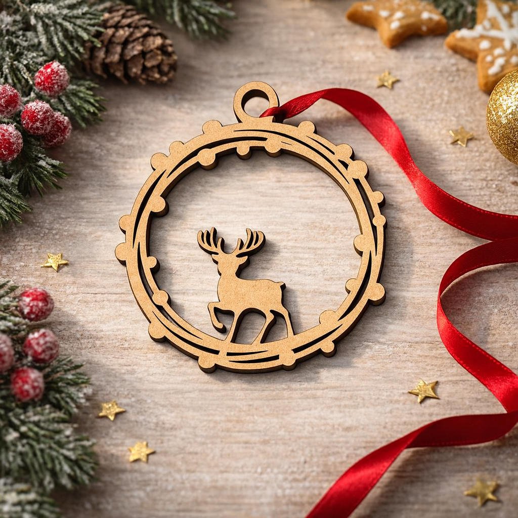 DIY MDF reindeer wreath round ornament frame for Christmas tree decor show on table 