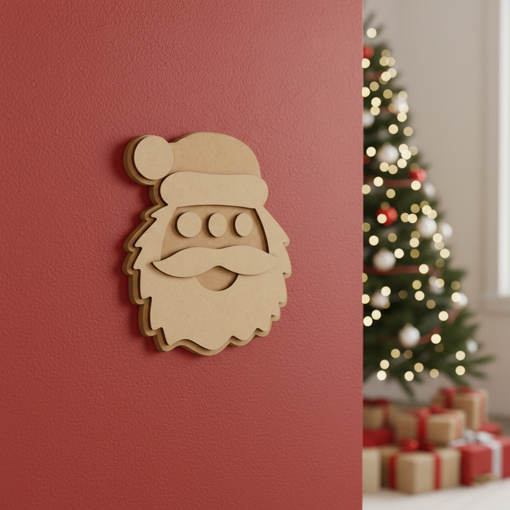 DIY layered MDF Santa face cutout for Christmas mounted on red wall