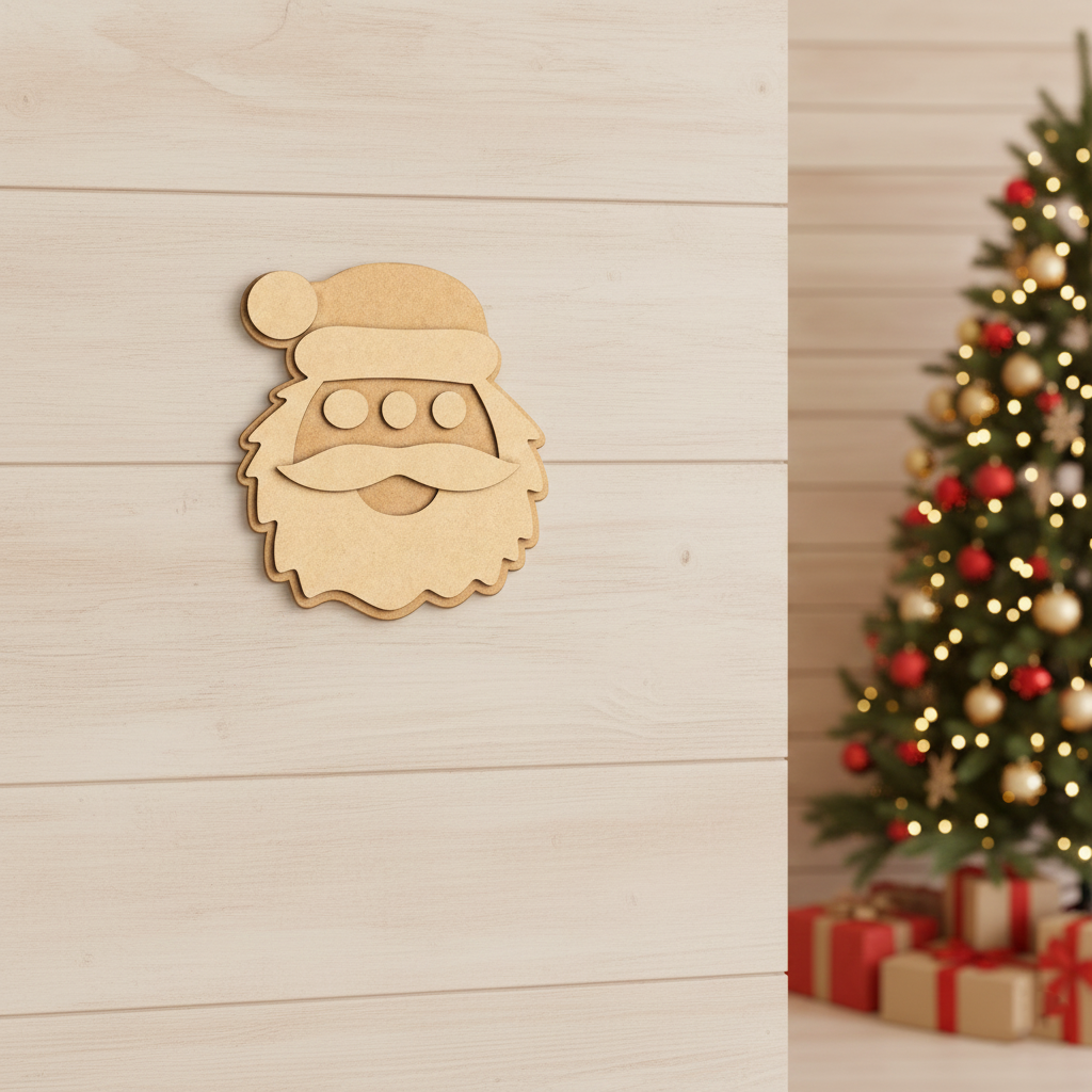 DIY layered MDF Santa face cutout for Christmas mounted on wooden wall