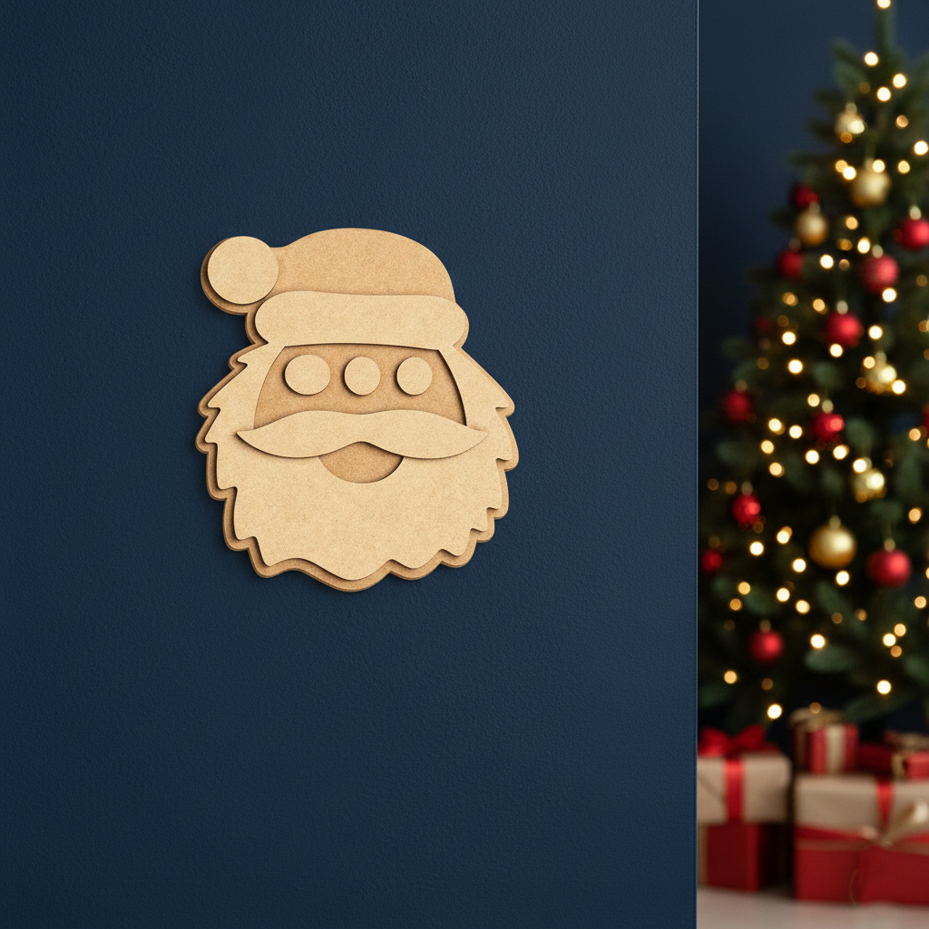 DIY layered MDF Santa face cutout for Christmas mounted on blue wall