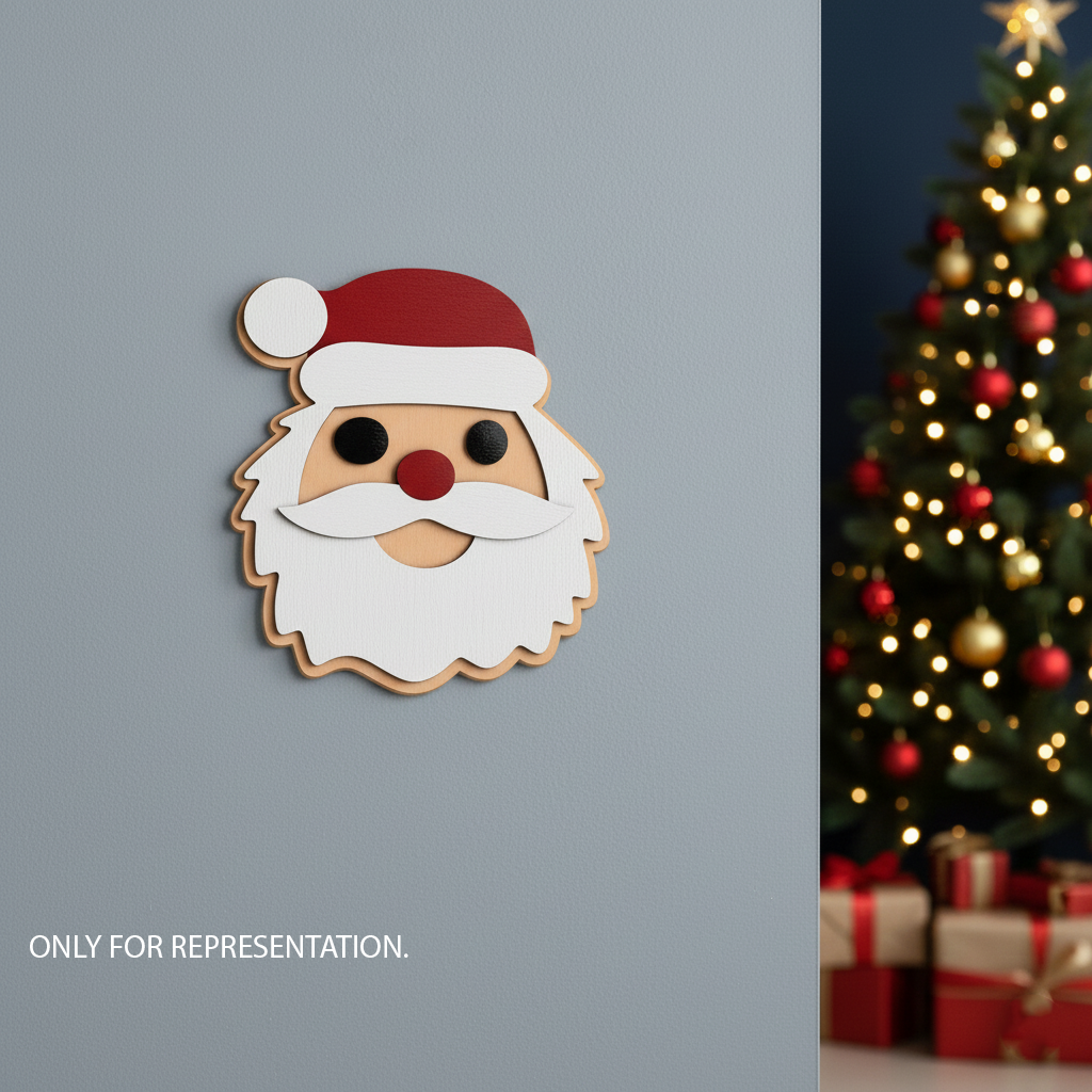DIY layered MDF coloured Santa face cutout for Christmas mounted on  wall  (visual representation).