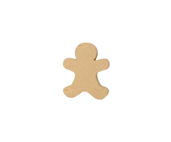 DIY MDF gingerbread man cutout with engraved face and buttons for painting.