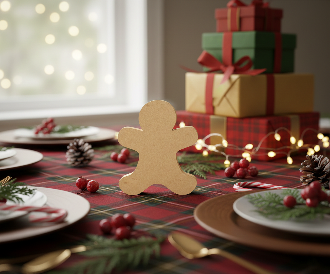 DIY MDF gingerbread man cutout with engraved face standing on decorated table 