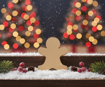 DIY MDF gingerbread man cutout with engraved face standing on decorated table 