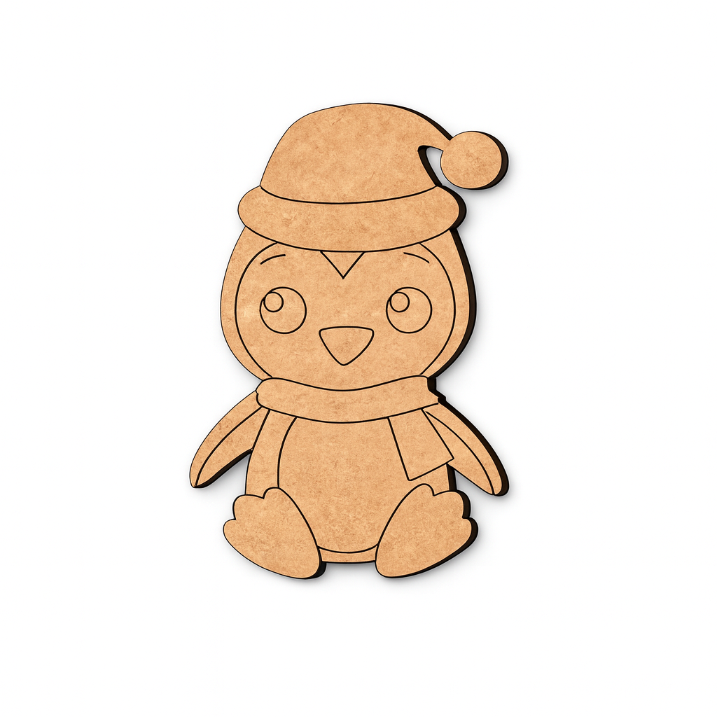 DIY MDF penguin cutout blank with Santa cap for Christmas painting and decor.