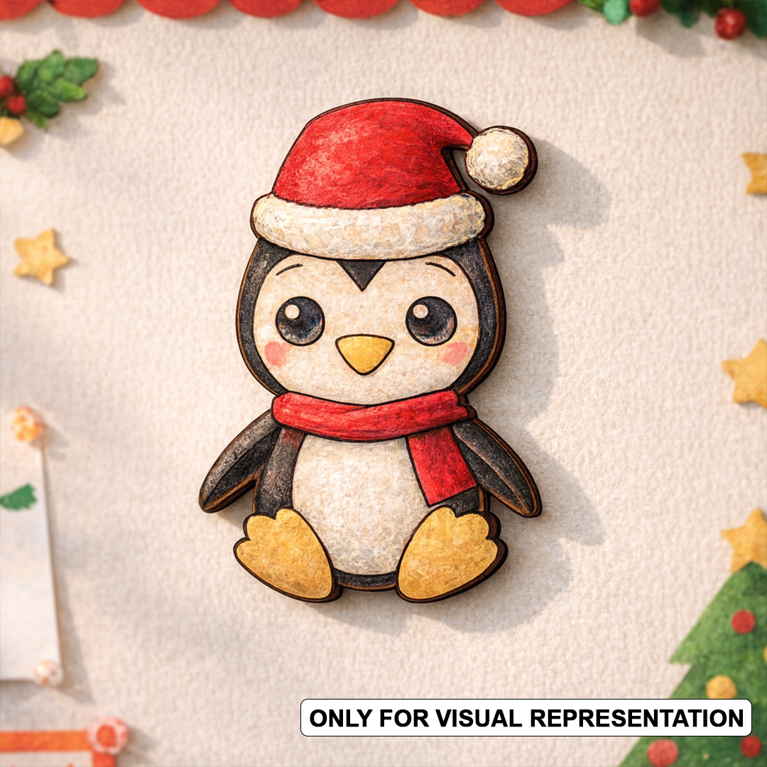 DIY MDF penguin coloured  cutout blank with Santa cap for Christmas (visual representation).