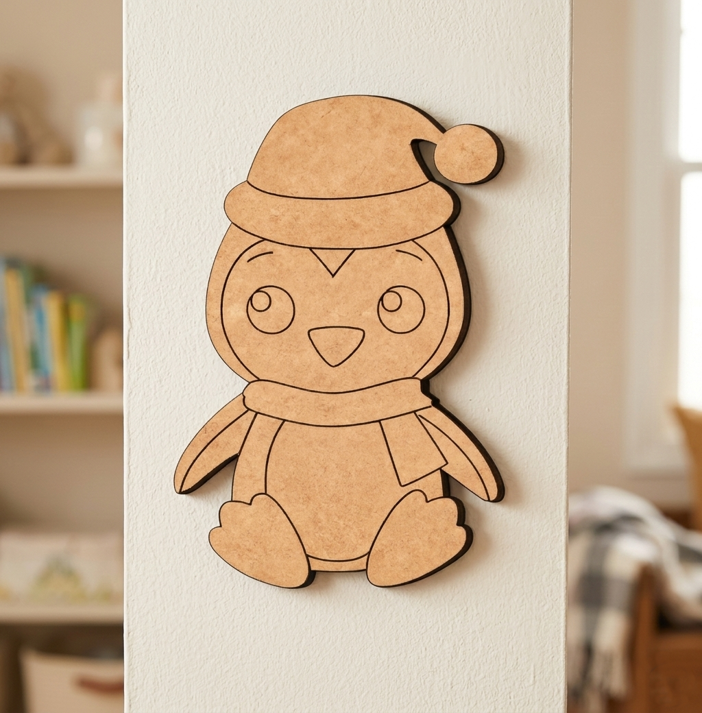 MDF DIY penguin decoration with a Santa hat on a white wall.