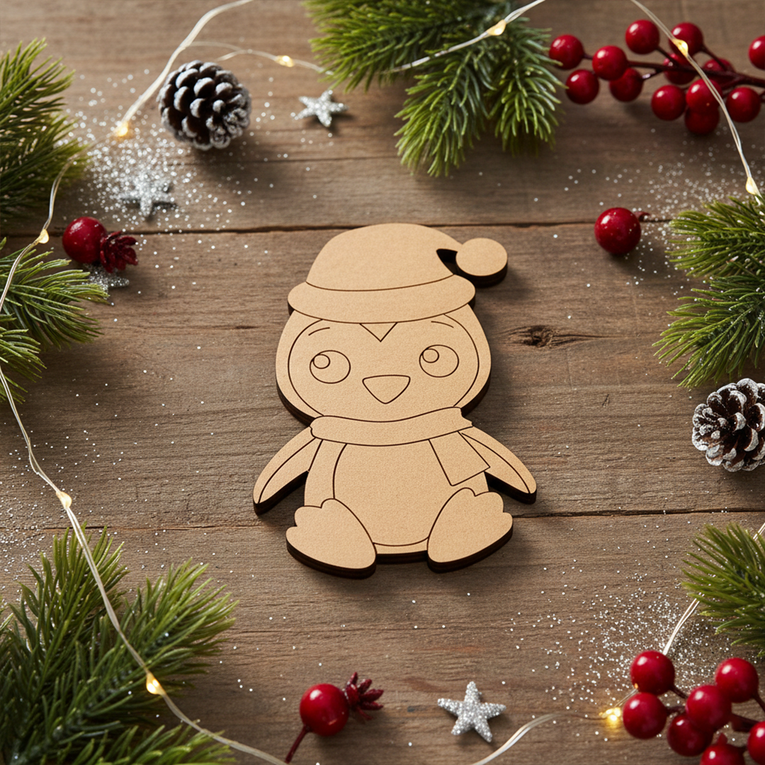 DIY MDF penguin cutout blank with Santa cap for Christmas show on decorated table 