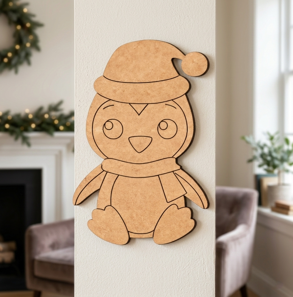 MDF DIY penguin decoration with a Santa hat on a wall in a cozy living room.