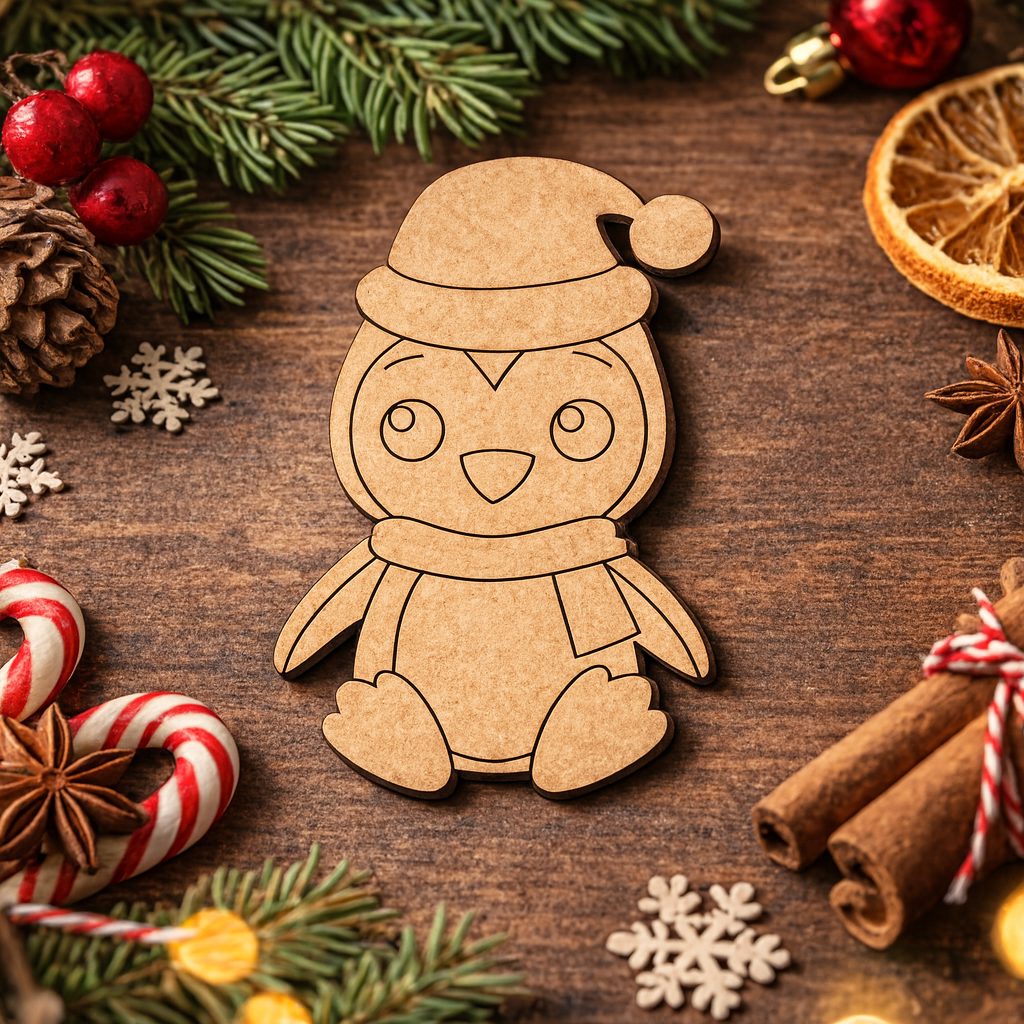 DIY MDF penguin cutout blank with Santa cap for Christmas show on table 