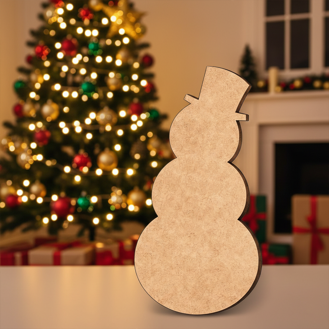 DIY MDF snowman cutout shape for Christmas craft stand on decoration table 