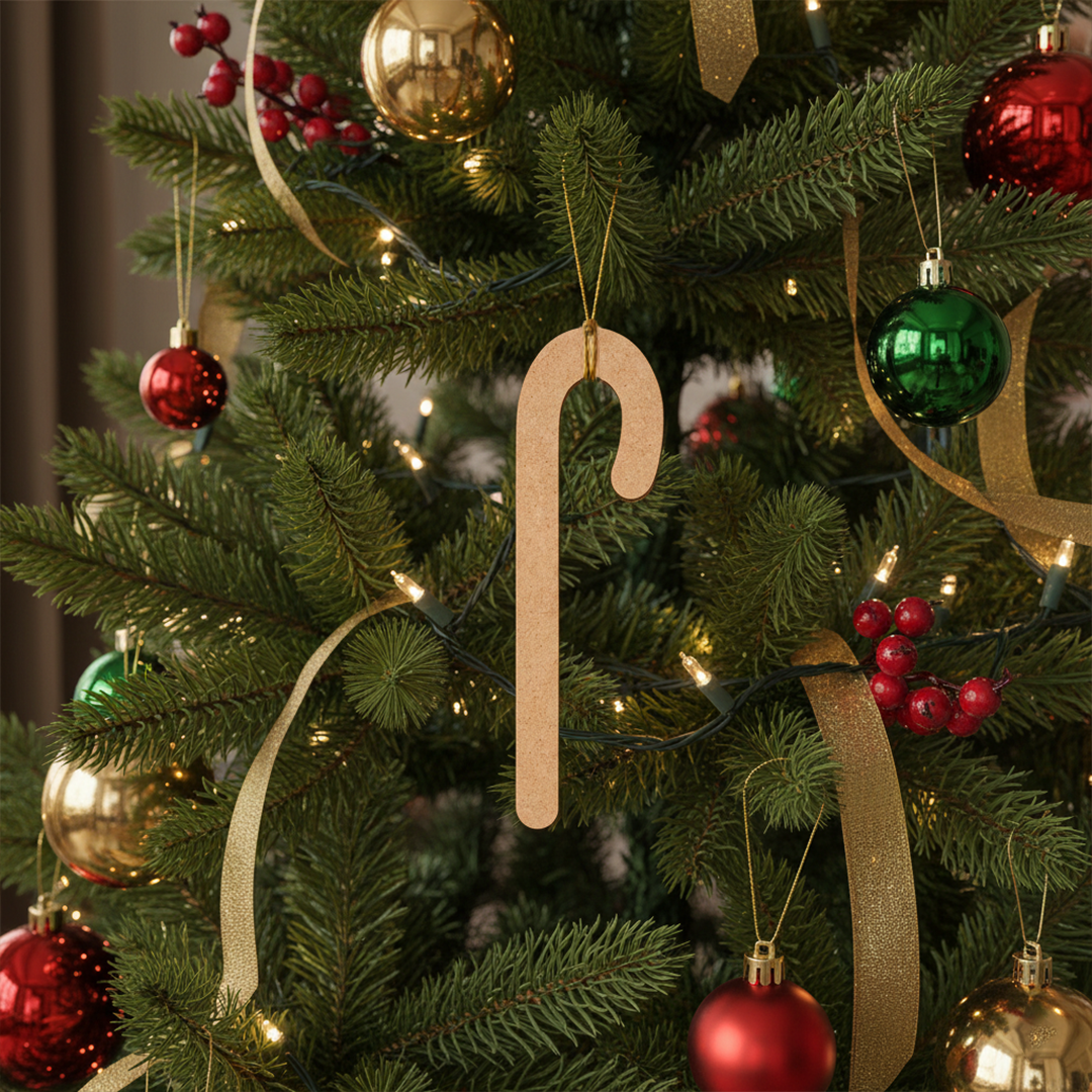 Paintable DIY MDF candy cane cutout blank for Christmas decoration and crafts hanging on decorated Christmas tree