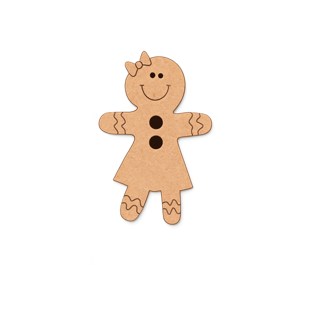 DIY MDF gingerbread girl cutout with bow, smiling face and button details, blank craft shape on white background.