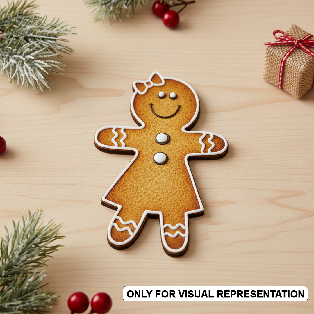 MDF gingerbread girl cutout with bow, smiling face and button details, blank craft shape on decorative table 