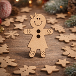 DIY MDF gingerbread girl cutout with bow, smiling face and button details, blank craft shape stand on Christmas table 