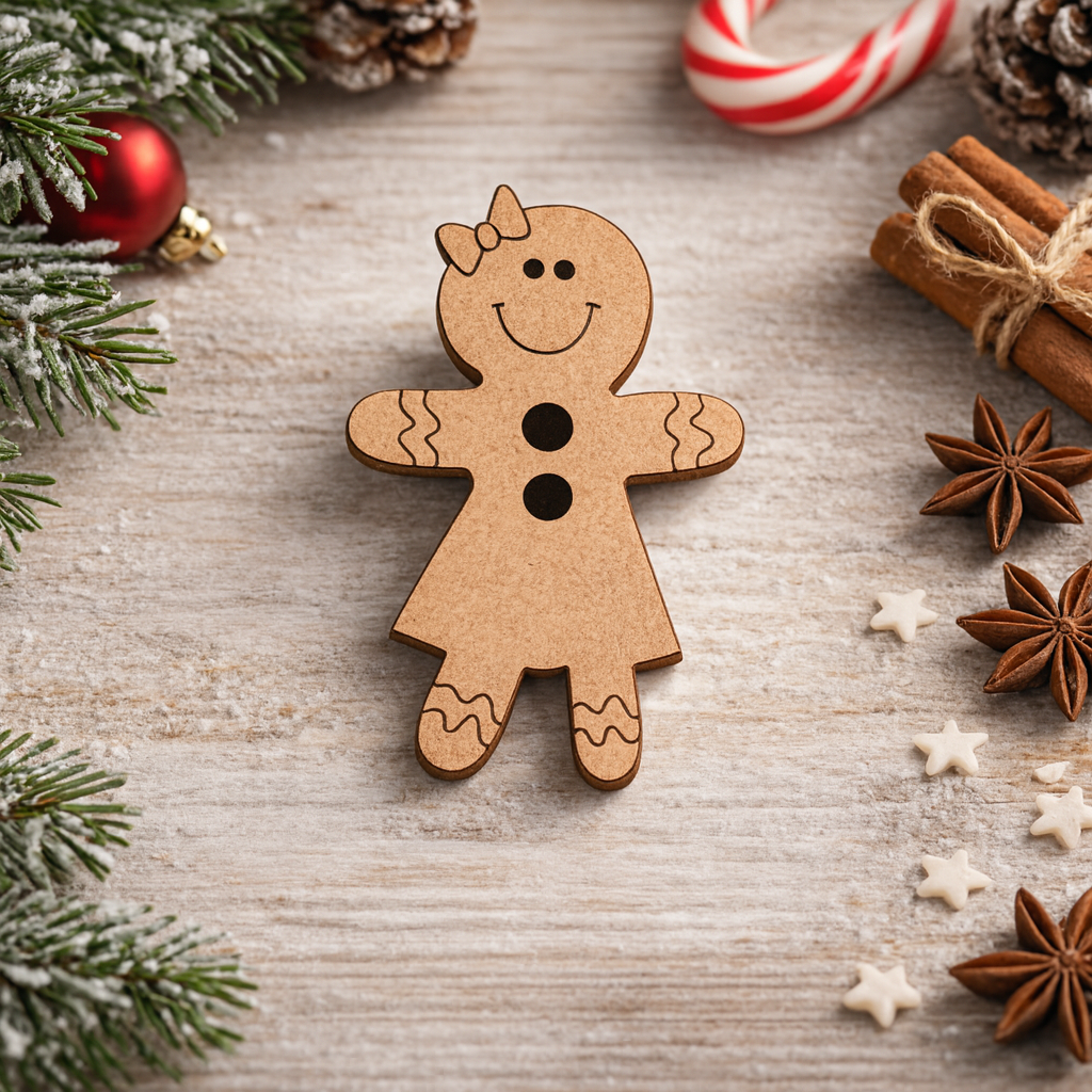 DIY MDF gingerbread girl cutout with bow, smiling face and button details, blank craft shape on decorative table 