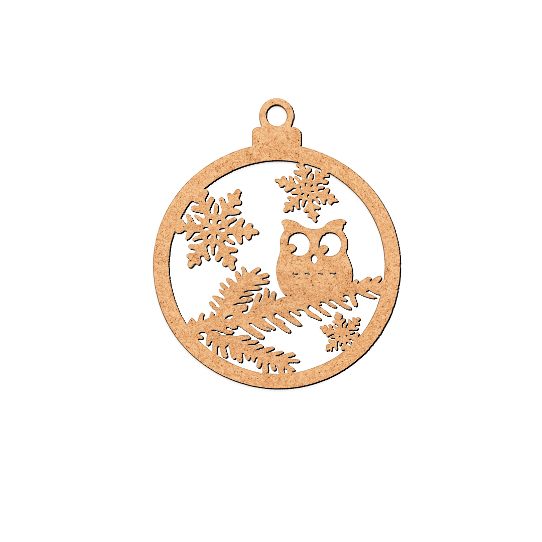 Round DIY MDF Christmas ornament cutout with owl, pine branches and snowflakes, laser-cut hanging decor shape on white background.