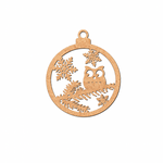 Round DIY MDF Christmas ornament cutout with owl, pine branches and snowflakes, laser-cut hanging decor shape on white background.