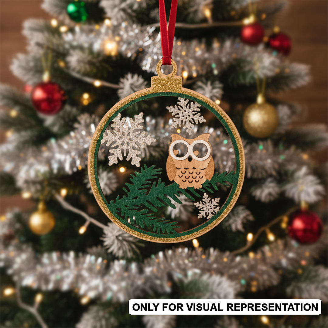 Round MDF Christmas ornament cutout with owl, pine branches and snowflakes, laser-cut hanging decor shape hanging on Christmas tree