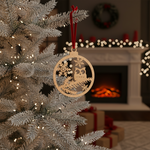 Round DIY MDF Christmas ornament cutout with owl, pine branches and snowflakes, laser-cut hanging decor shape hanging on Christmas tree