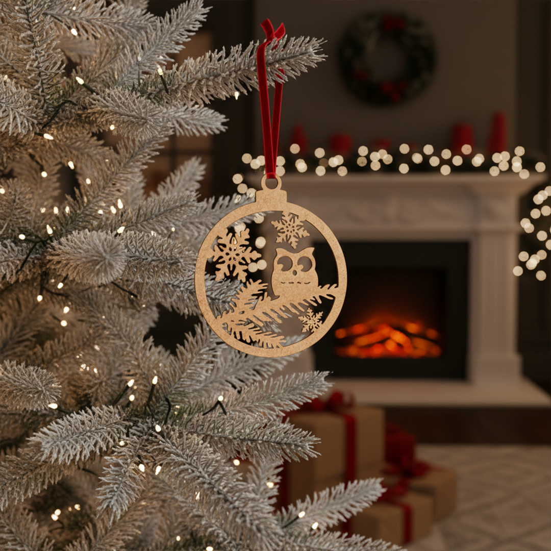 Round DIY MDF Christmas ornament cutout with owl, pine branches and snowflakes, laser-cut hanging decor shape hanging on Christmas tree