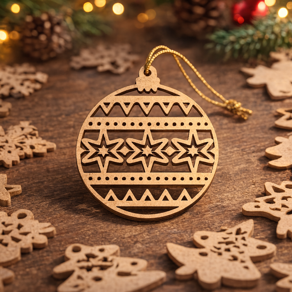 Laser-cut DIY MDF Christmas bauble cutout with star pattern, ornament show on decoration table 