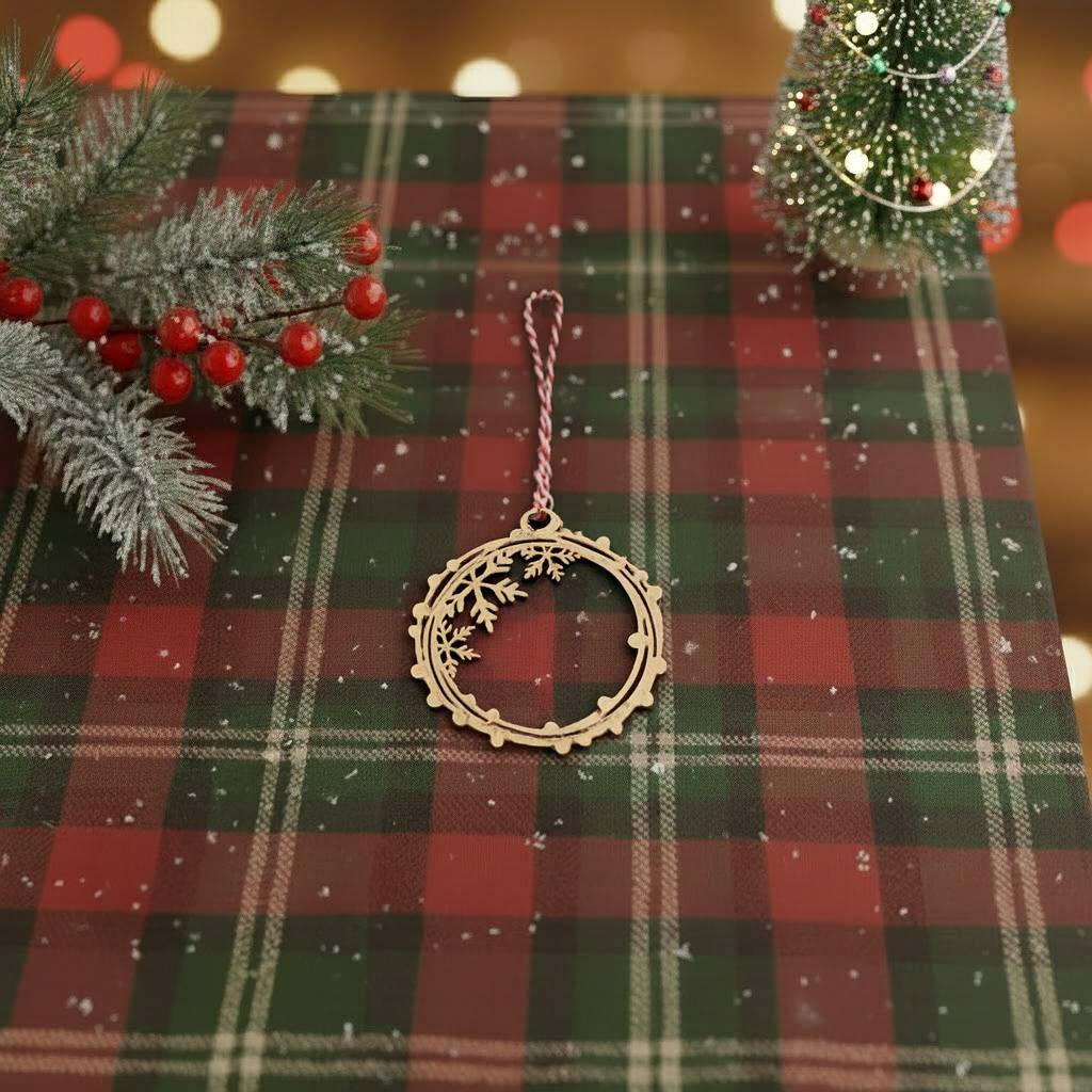 Laser-cut DIY MDF snowflake ring ornament cutout with hanging loop, show on Christmas decoration table 