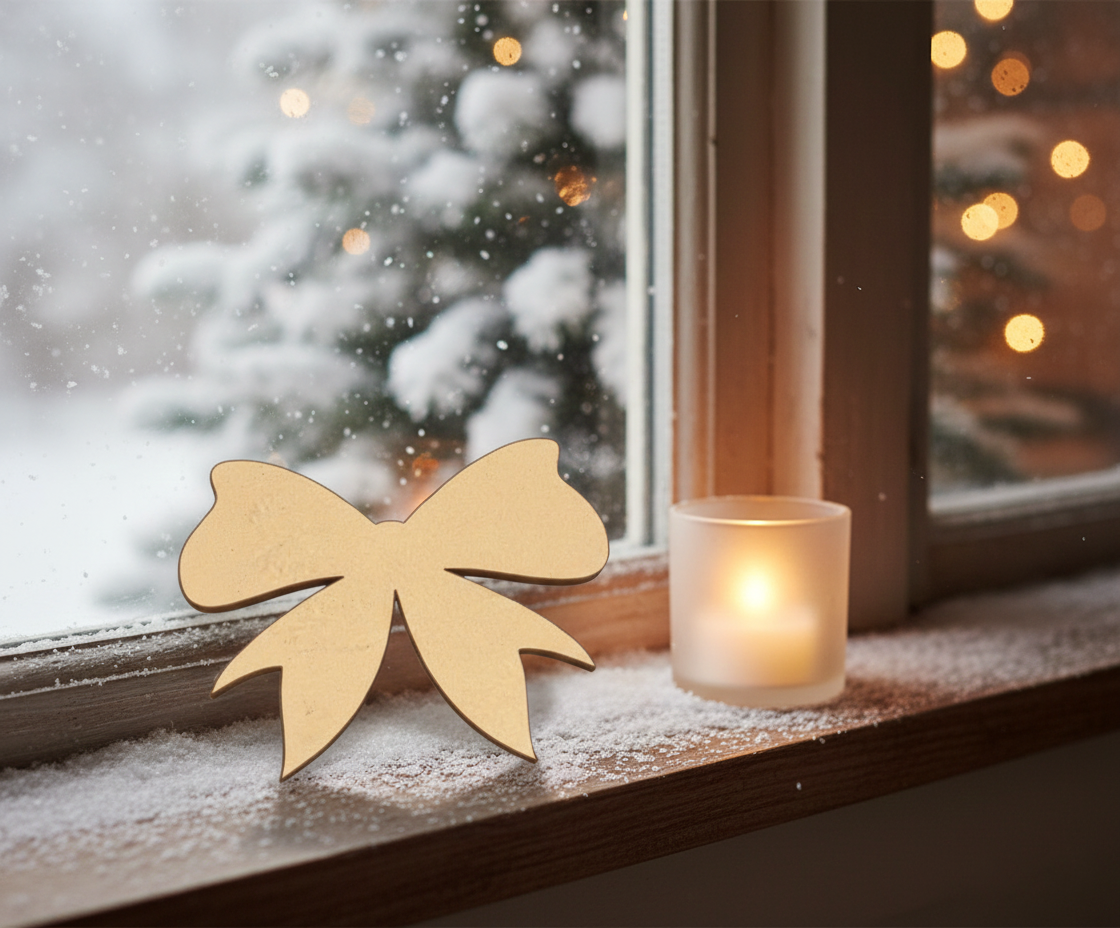 Plain DIY MDF bow cutout blank for painting, Christmas craft decoration show on window with candle light 