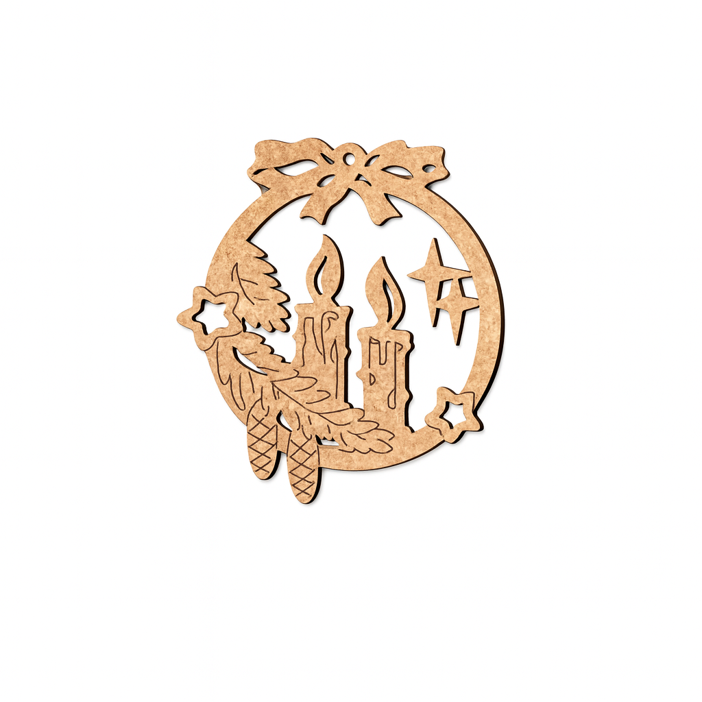 Laser-cut DIY MDF candle wreath ornament cutout with bow, stars and pinecones, Christmas craft blank for painting.