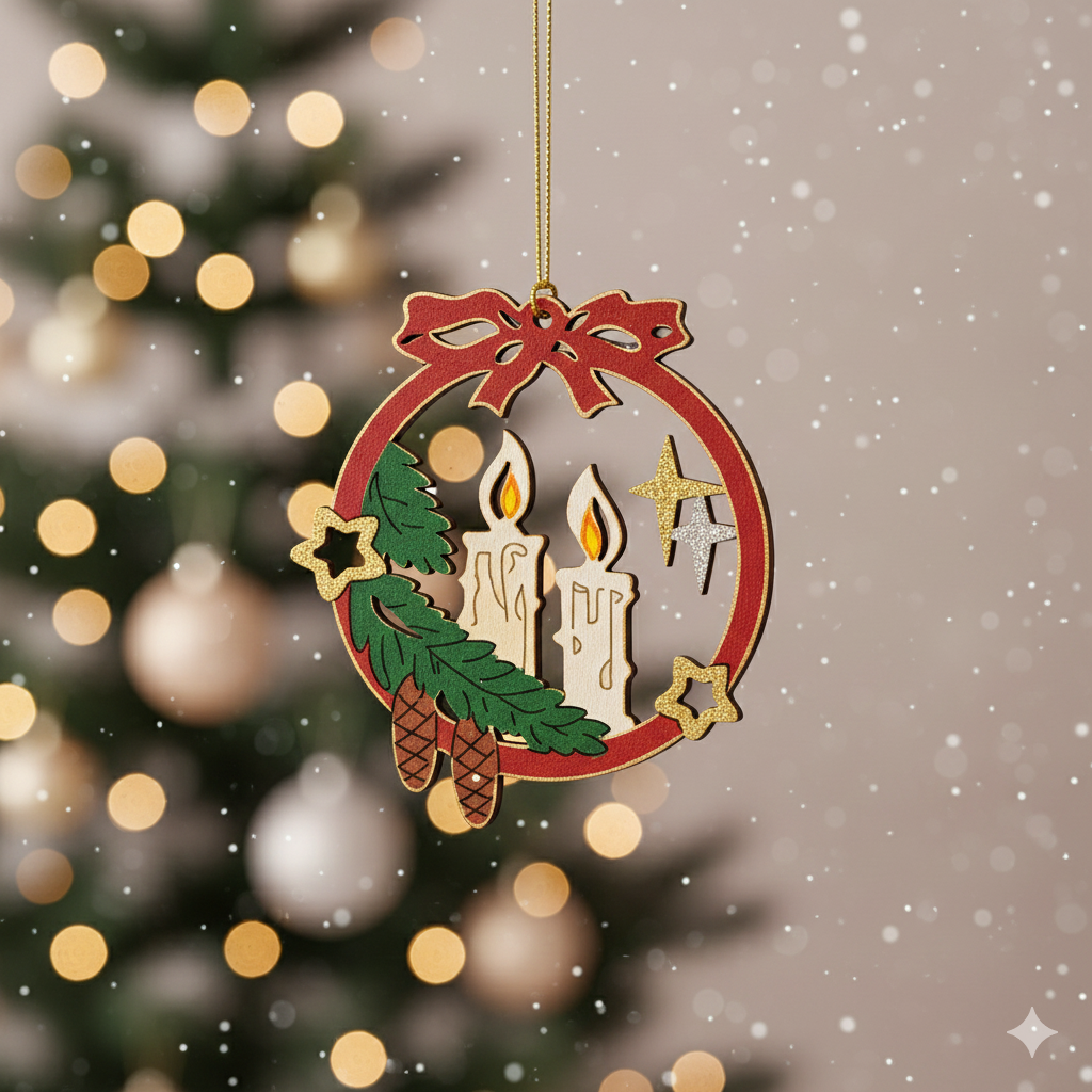 Laser-cut MDF candle wreath ornament cutout with bow, stars and pinecones, hanging Christmas craft 