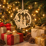 Laser-cut DIY MDF candle wreath ornament cutout with bow, stars and pinecones, Christmas craft hanging on tree