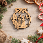 Laser-cut DIY MDF candle wreath ornament cutout with bow, stars and pinecones, Christmas craft show on table 
