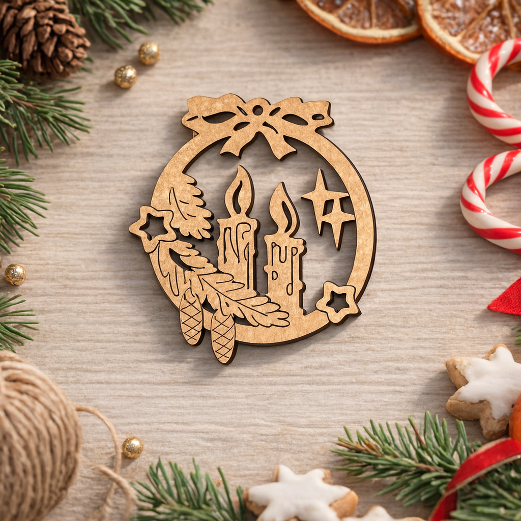 Laser-cut DIY MDF candle wreath ornament cutout with bow, stars and pinecones, Christmas craft show on table 