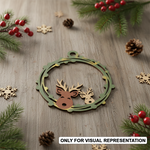 Laser-cut MDF reindeer frame ornament cutout with hanging loop, show on Christmas decoration table 