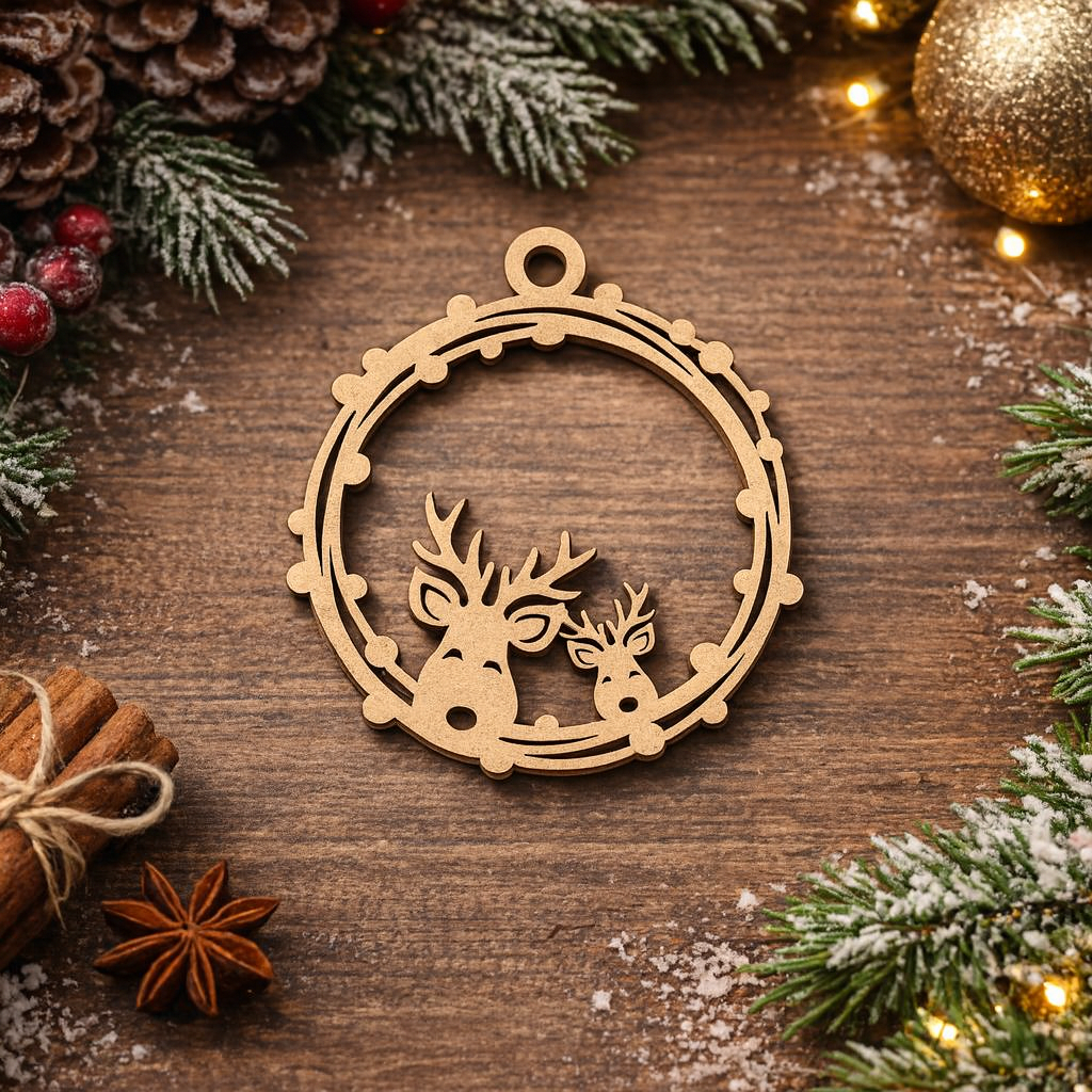 Laser-cut DIY MDF reindeer frame ornament cutout with hanging loop, show on Christmas decoration table 