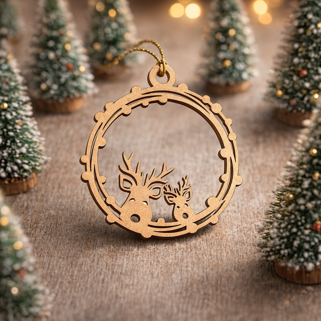 Laser-cut DIY MDF reindeer frame ornament cutout with hanging loop, show on Christmas decoration table 