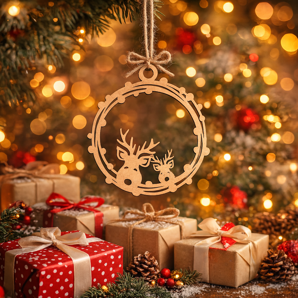 Laser-cut DIY MDF reindeer frame ornament cutout with hanging loop, hanging in Christmas decoration 
