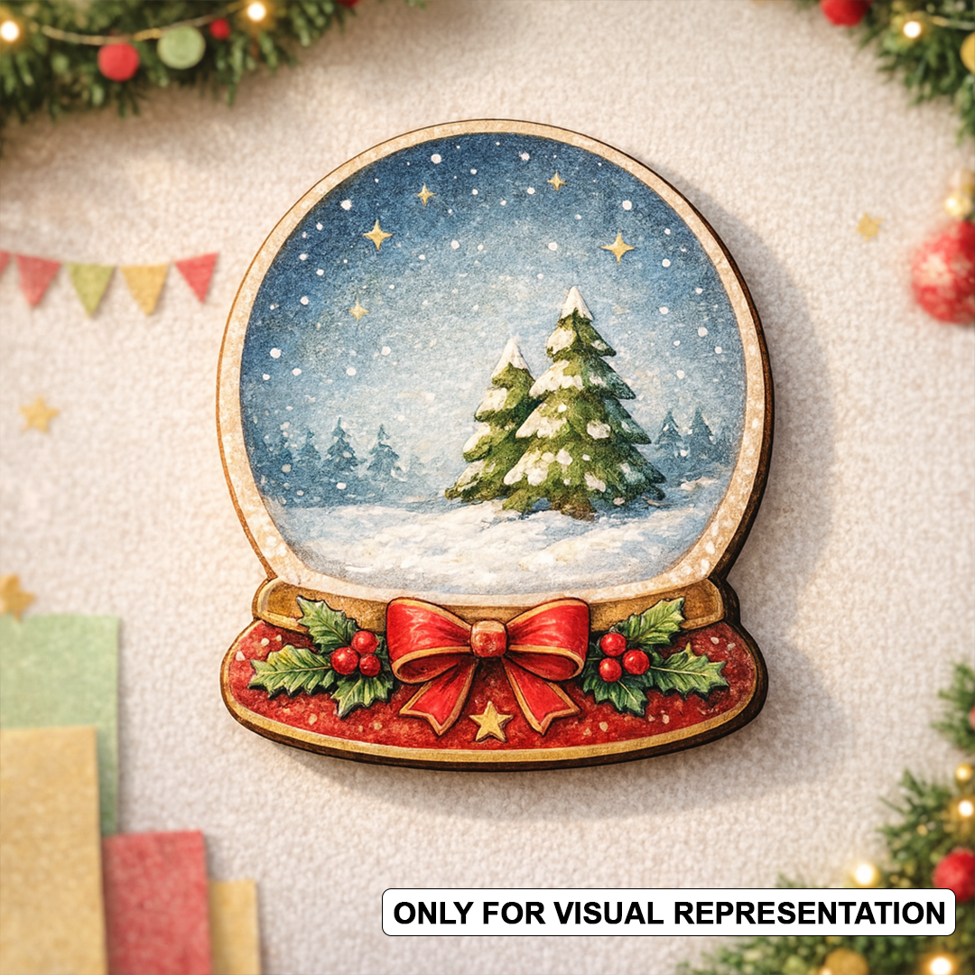 DIY MDF snow globe cutout with winter pine trees scene, painted red bow and holly base, Christmas craft decor on festive background (visual representation).