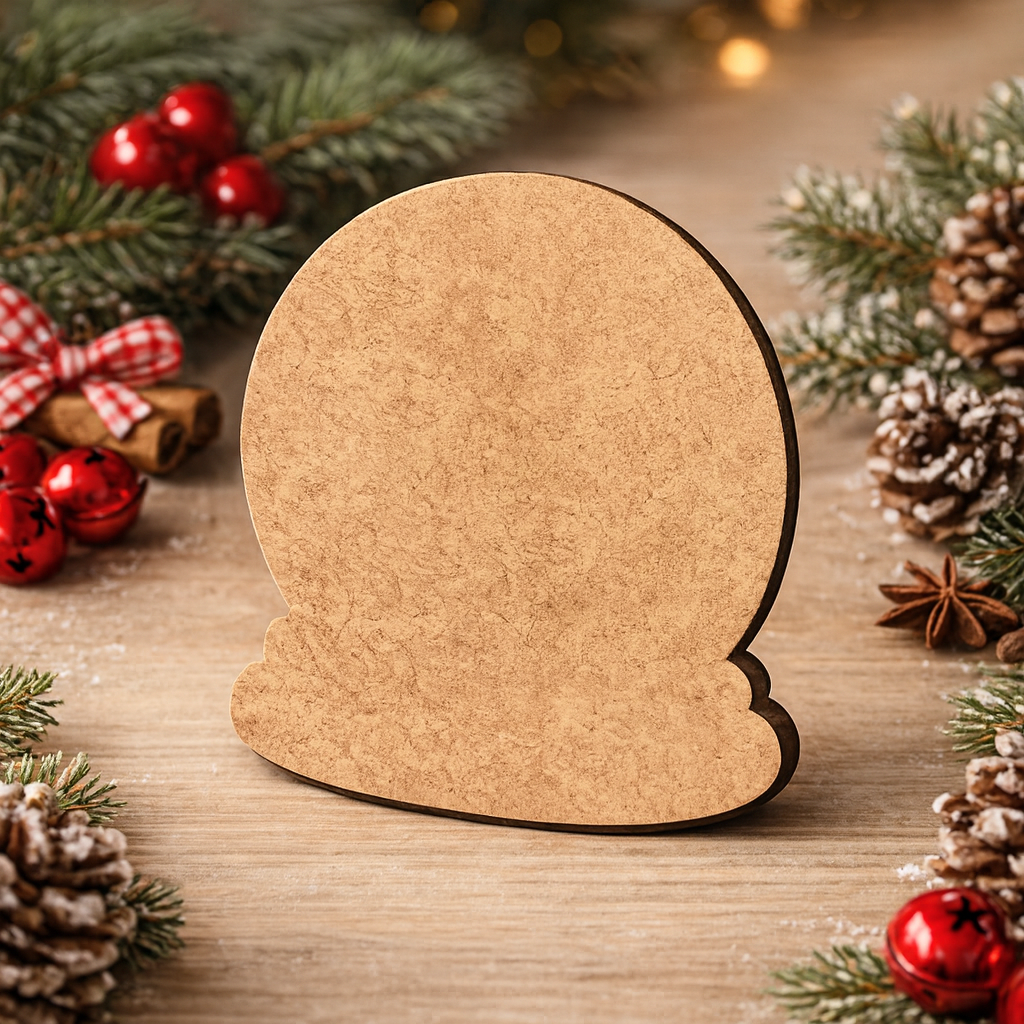 Blank DIY MDF snow globe base cutout for painting and Christmas craft decoration show on decoration table 