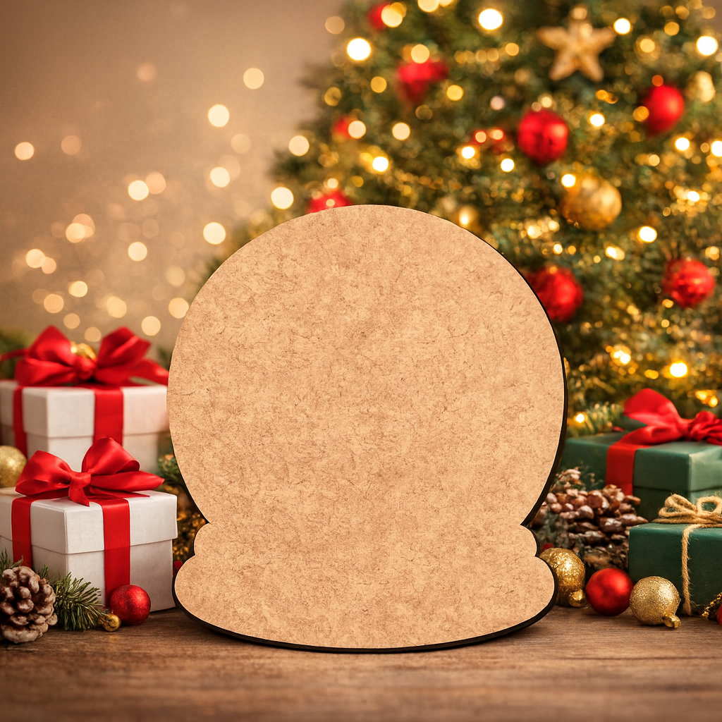 Blank DIY MDF snow globe base cutout for painting and Christmas craft decoration, tabletop display.
