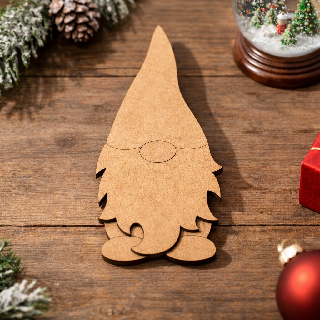 Blank DIY MDF Christmas gnome cutout for painting and decoration show on decorative table 